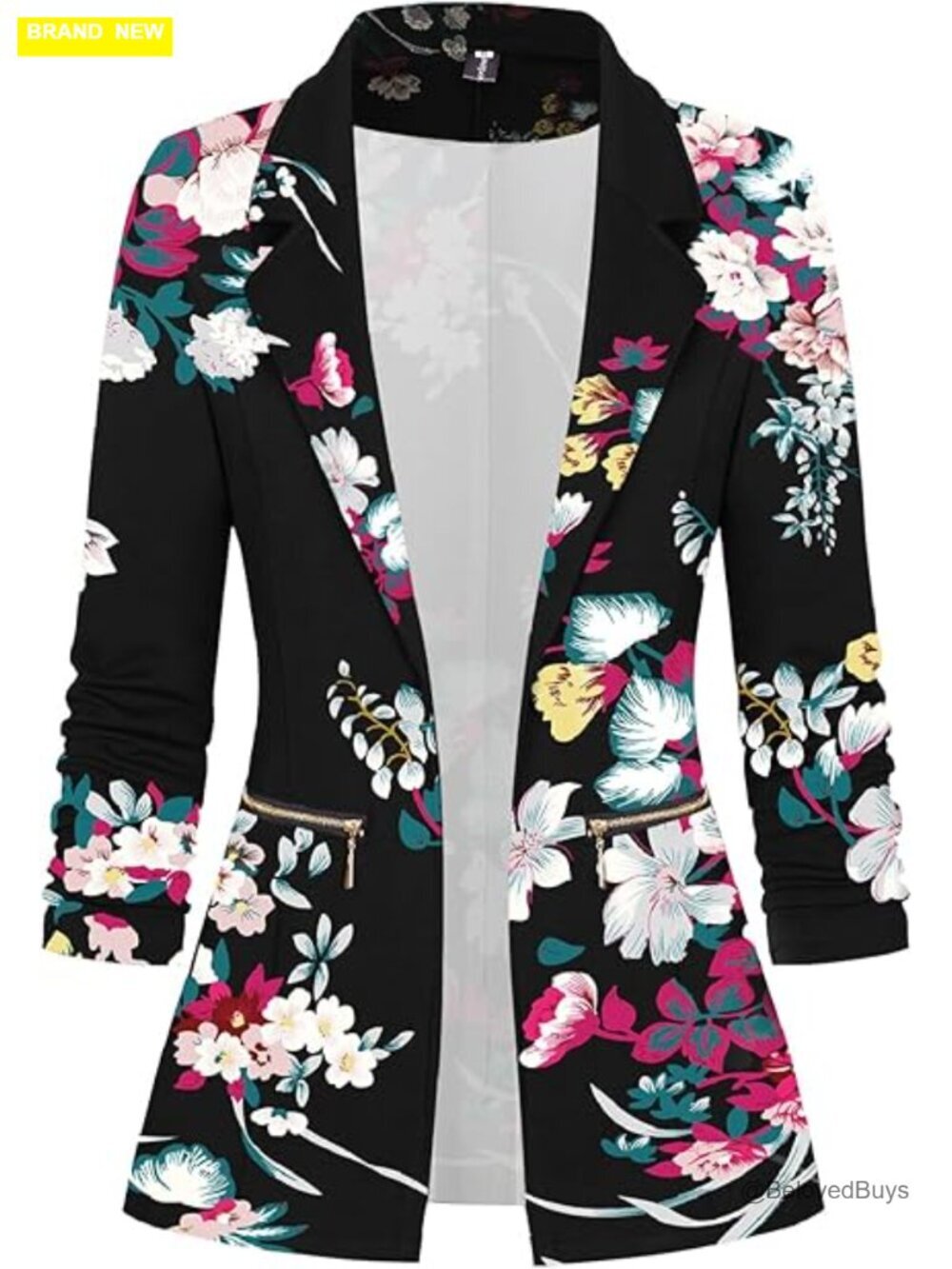 Long Sleeve Blazer Open Front Cardigan Jacket with Zipper Pockets